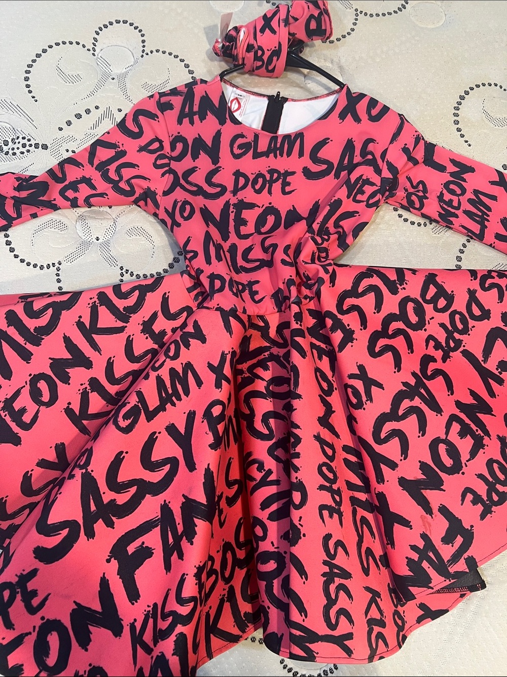 Girls Neon Kisses Pink Graphic Fit & Flare Dress with Matching Leg Warmers